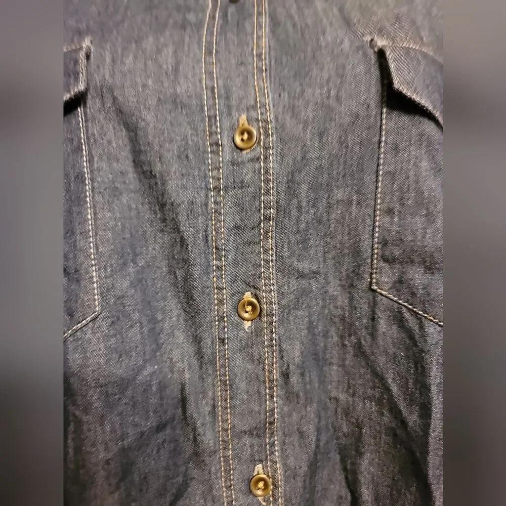 New Justify Women's 2X Denim Shirt Blue Long Slv Button Up Aztec Print Blouse